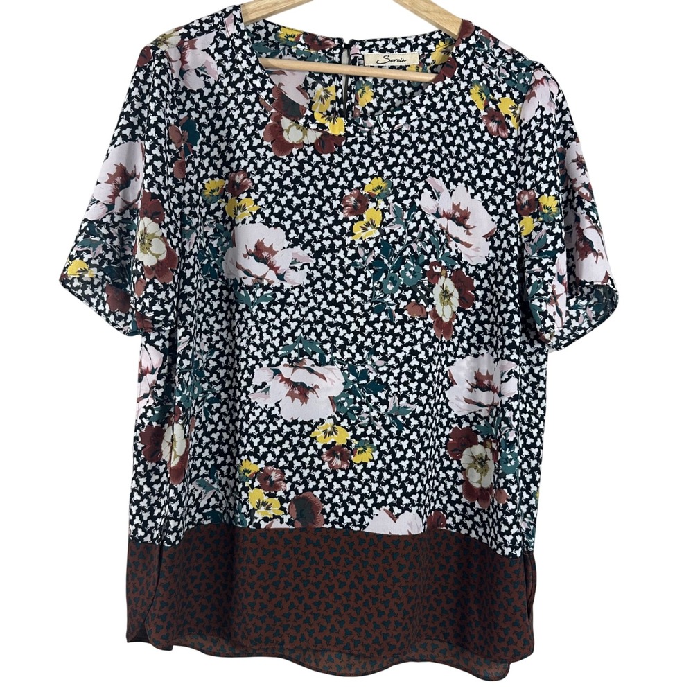 Serein Women's Top Brown Floral‎ Sheer Round Neck Short Sleeves Blouse Size M